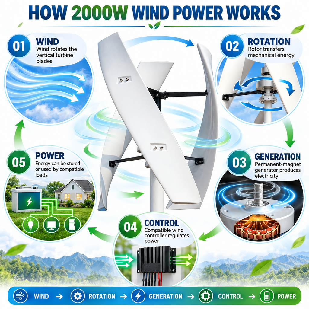 Vertical Axis Wind Turbine  - 2KW Quiet Design for Home, Rooftop & Urban Areas