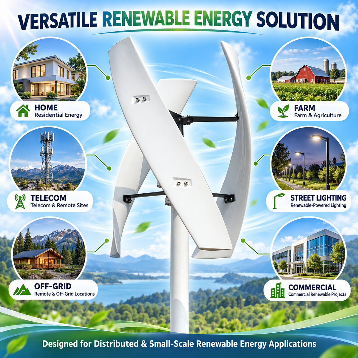 Vertical Axis Wind Turbine  - 2KW Quiet Design for Home, Rooftop & Urban Areas
