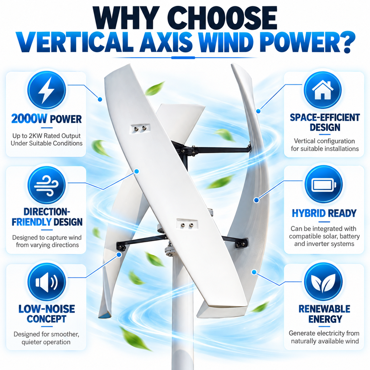Vertical Axis Wind Turbine  - 2KW Quiet Design for Home, Rooftop & Urban Areas