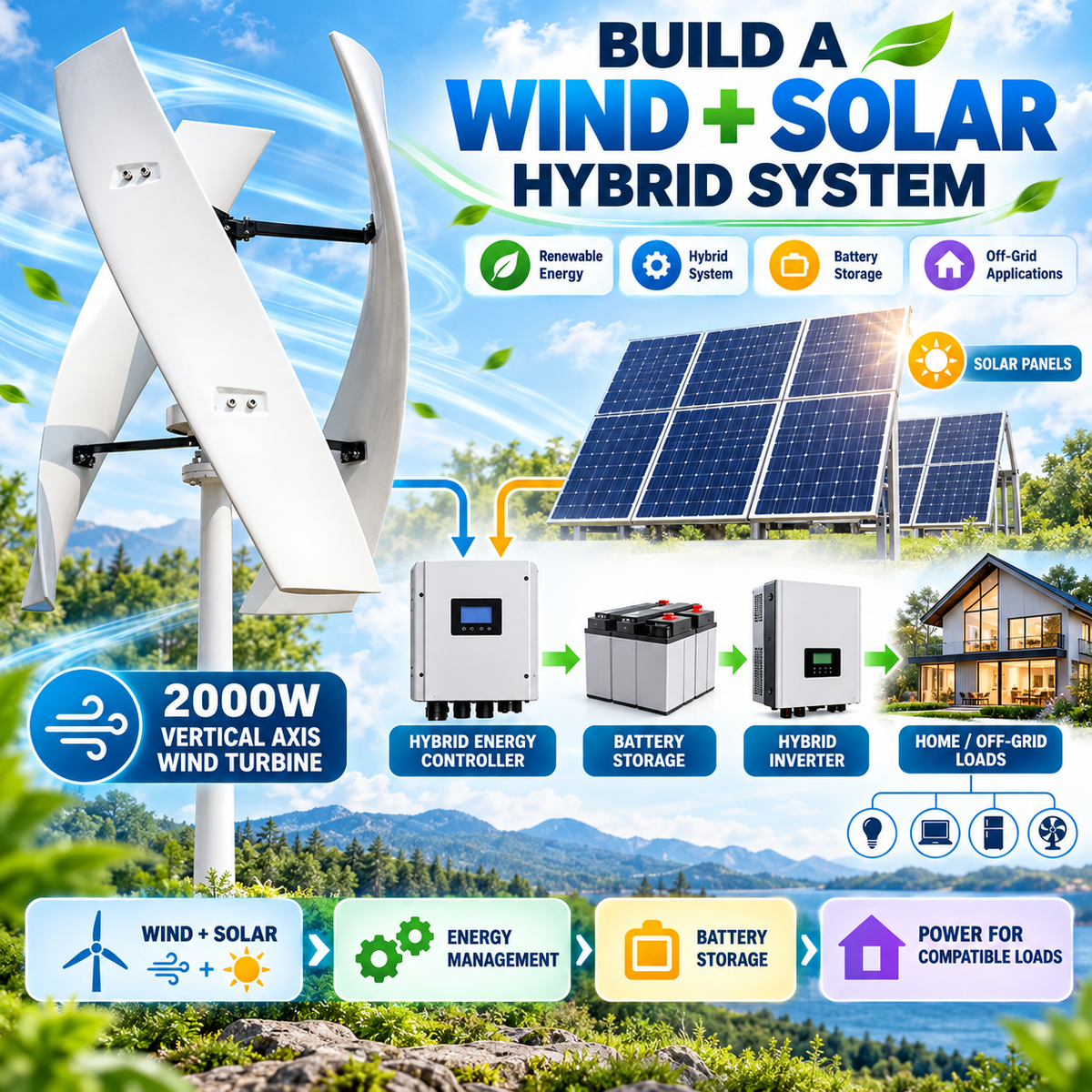Vertical Axis Wind Turbine  - 2KW Quiet Design for Home, Rooftop & Urban Areas
